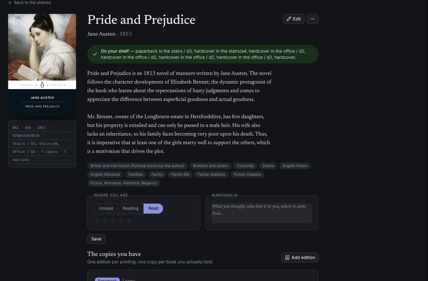 The Pride and Prejudice detail page with editions and reading state
