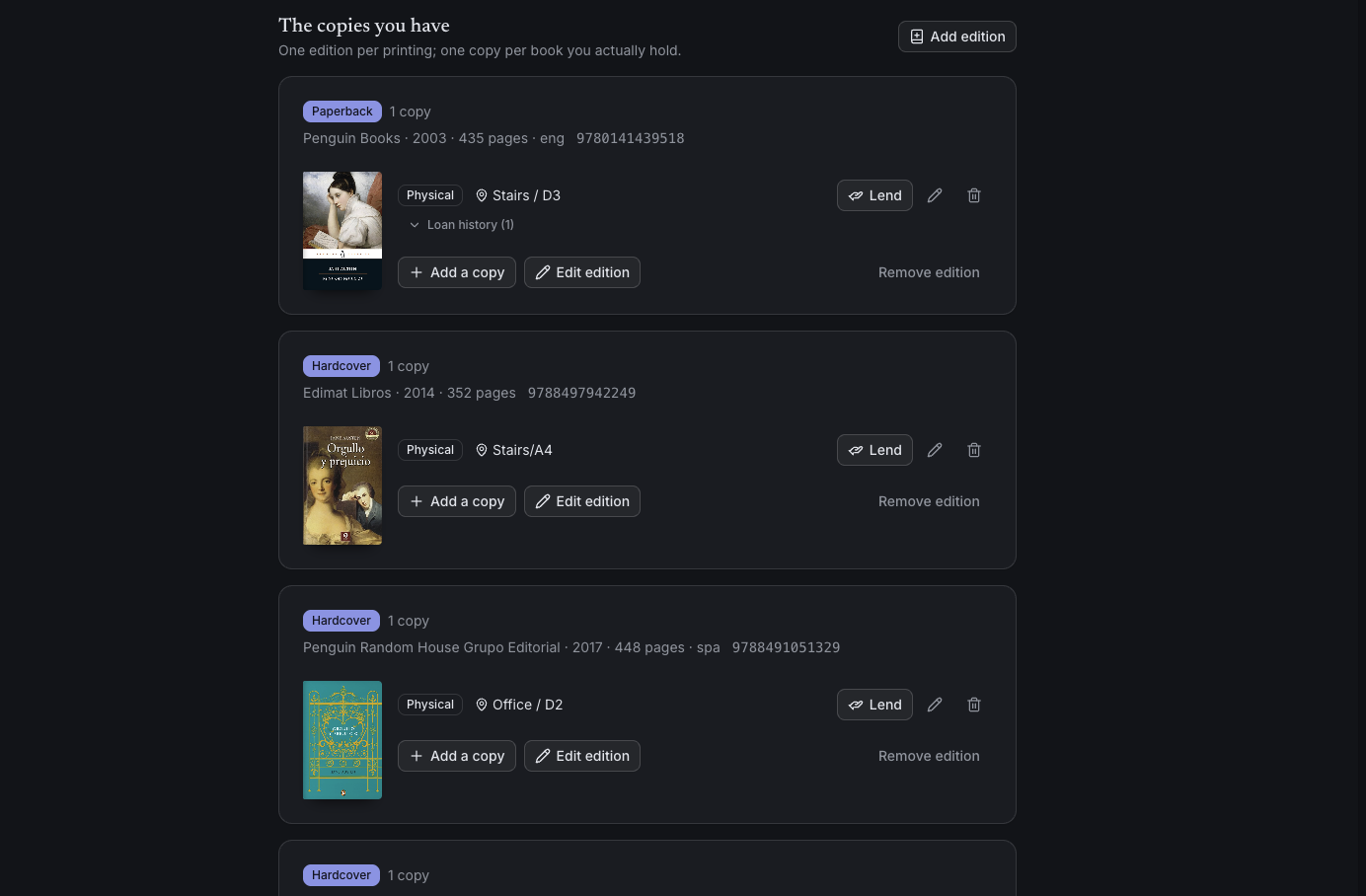 The copies list of a book, one card per edition