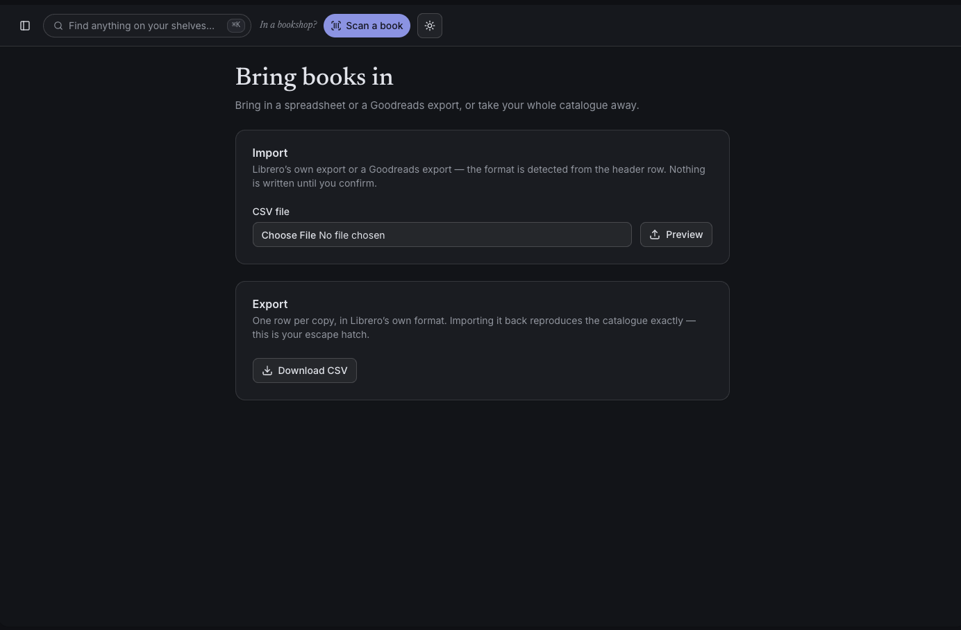 The import and export screen for CSV files