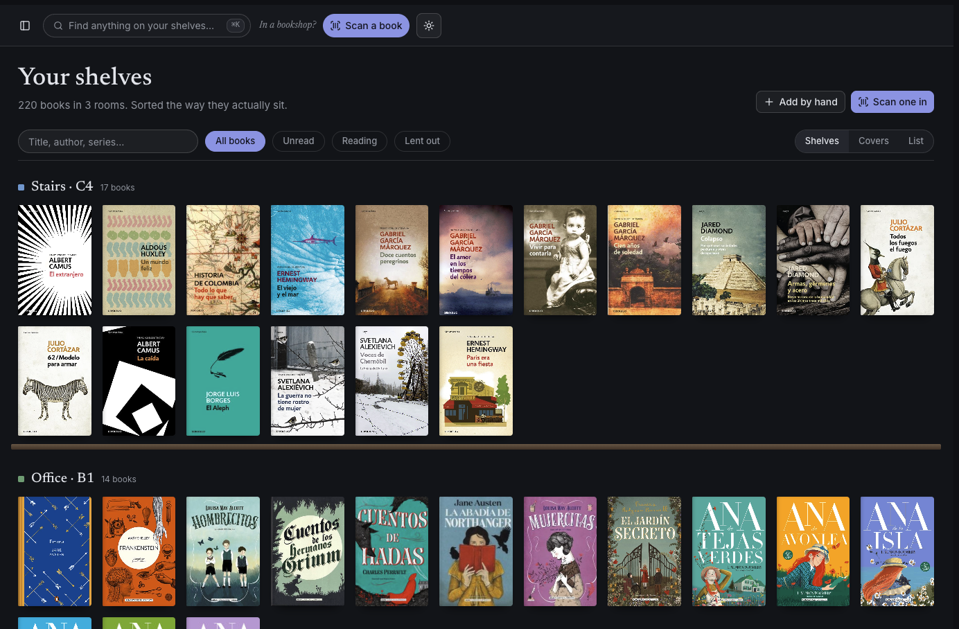 The shelves view, covers grouped by room and shelf code